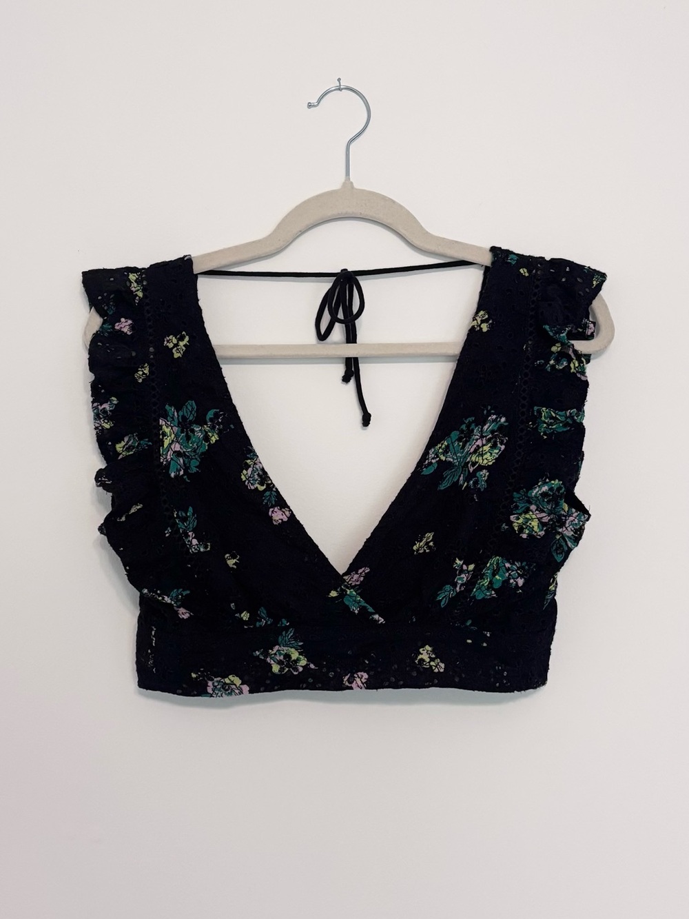 Floral Ruffle Eyelet Bralette Crop Top with Ties